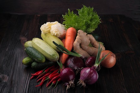 Vegetables on wood. Bio Healthy food, herbs and spices. Organic vegetables on wood. Vegan.の写真素材