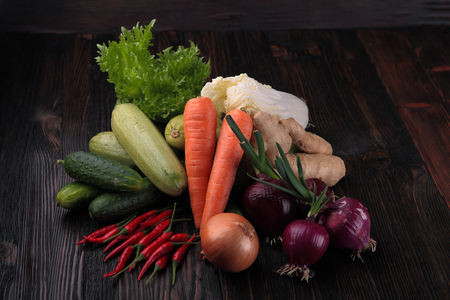 Vegetables on wood. Bio Healthy food, herbs and spices. Organic vegetables on wood. Vegan.の写真素材