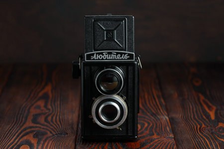 MOSCOW, RUSSIA, APRIL 10, 2017. The old Soviet TLR camera Lubitel, released 1952.
