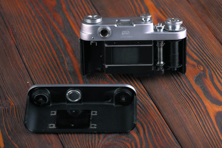 MOSCOW, RUSSIA, APRIL 10, 2017. The old Soviet rangefinder camera FED-3, released1961.のeditorial素材