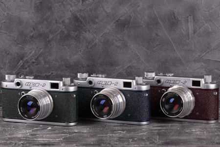 MOSCOW, RUSSIA, APRIL 11, 2017. The old Soviet rangefinder cameras FED-2, Green, Blue, Red Bodies,...