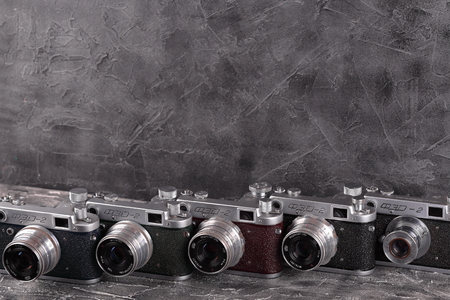 MOSCOW, RUSSIA, APRIL 11, 2017. The old Soviet rangefinder cameras FED-2, Green, Blue, Red & Brown Bodies, released1956, 1958, 1957, 1959, 1955.のeditorial素材