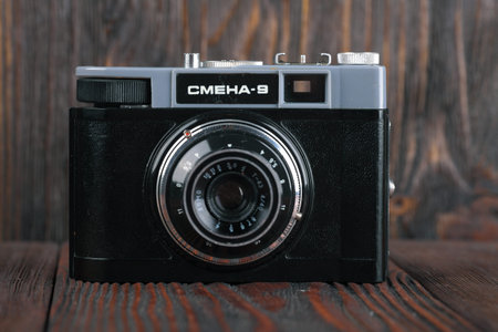 MOSCOW, RUSSIA, APRIL 15, 2017. The old Soviet 35mm. scaling camera Smena-9, released1969.