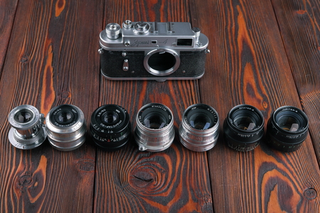 MOSCOW, RUSSIA, APRIL 15, 2017. The old Soviet rangefinder cameras Zorki-4, released1959.のeditorial素材