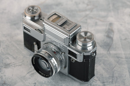 MOSCOW, RUSSIA, APRIL 18, 2017. The old Soviet rangefinder camera Contax-3, Kiev-3A, released 1958.