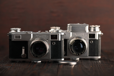 MOSCOW, RUSSIA, APRIL 18, 2017. The old Soviet rangefinder cameras Contax-3, Kiev-2 & Kiev-3A, released 1956 & 1957.のeditorial素材