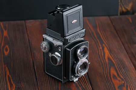 MOSCOW, RUSSIA, APRIL 19, 2017. The old Japan medium-format TLR camera Yashicaflex Model-C, released1955.のeditorial素材