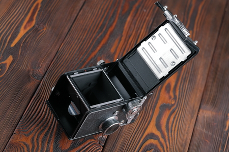 MOSCOW, RUSSIA, APRIL 19, 2017. The old Japan medium-format TLR camera Yashicaflex Model-C, released1955.のeditorial素材