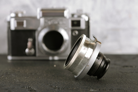 MOSCOW, RUSSIA, MAY 10, 2017. The old Soviet rangefinder lens Jupiter-12 for cameras Contax & Kiev, released 1968.のeditorial素材