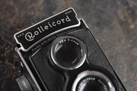 MOSCOW, RUSSIA, MARCH 01, 2018. The old German medium-format TLR camera Rolleicord, released 1937 on...