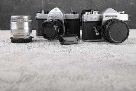 MOSCOW, RUSSIA, JUNE 05, 2018. The old Japan 35 mm cameras Pentax Spotmatik, Fujica ST-701, Yashica...