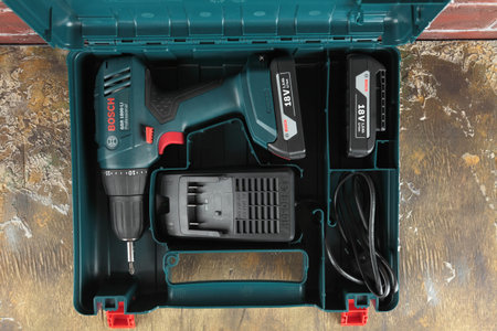 MOSCOW, RUSSIA, AUGUST 18, 2018. 18V Lithium-Ion Cordless Drill/Drivers Bosch GSR 1800-LI on a...