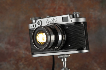 MOSCOW, RUSSIA, DECEMBER 03, 2018. A hand made vintage lamp made by from an old Soviet film camera...