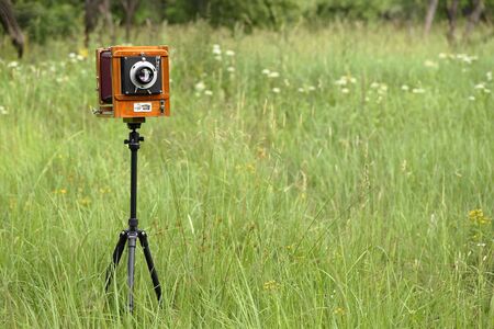 MOSCOW, RUSSIA, JULY 17, 2019. Vintage wooden camera FKD-13x18 on a sunny meadow with green grass. The old studio camera for using glass plates.のeditorial素材