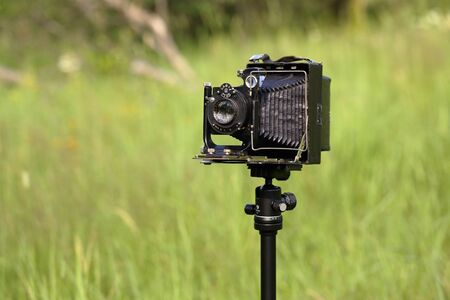 MOSCOW, RUSSIA, JULY 17, 2019. Vintage wooden camera Fotokor-1 9x12 on a sunny meadow with green grass. The old studio camera for using glass plates.のeditorial素材