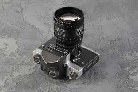 MOSCOW, RUSSIA, JULY 27, 2019. The old Soviet Medium format SLR Film camera Kiev-60, released1986 on...