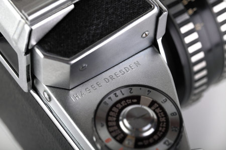 The old German 35 mm SLR film camera Exakta VX 1000 released 1967, with Carl Zeiss lens Tessar 2,8...