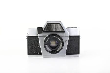 The old Soviet 35 mm film camera Kiev-10 Automat, released 1973 on white background.のeditorial素材