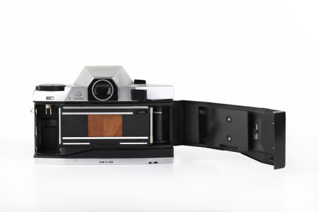 The old Soviet 35 mm film camera Kiev-10 Automat, released 1973 on white background.のeditorial素材