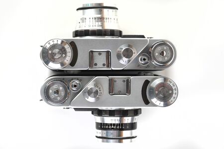 Very rare version of old Soviet rangefinder film camera FED-4, released1964 on white background.のeditorial素材