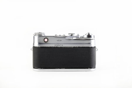 The very rare old Soviet rangefinder film camera Zorki-5, released 1958 on white background.