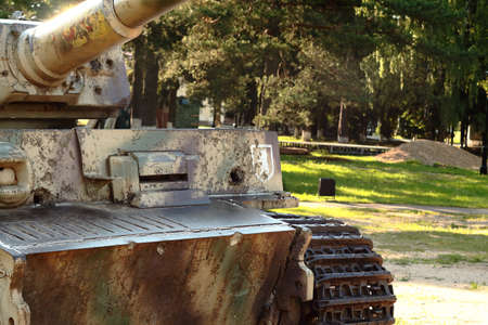Snegiri village, Istra district, Moscow region, June 26, 2020. German battle tank 510th heavy tank battalion in 2nd World War Tiger, Panzerkampfwagen VI Ausf E under the trees.のeditorial素材