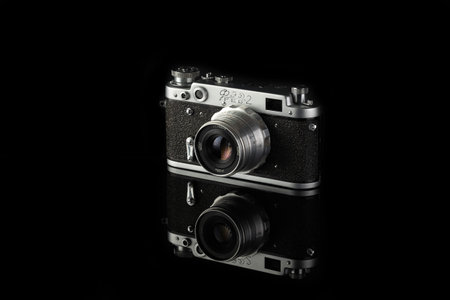 MOSCOW, RUSSIA, FEBRUARY 28, 2021. The old Soviet rangefinder film camera FED-2, Black Body,...