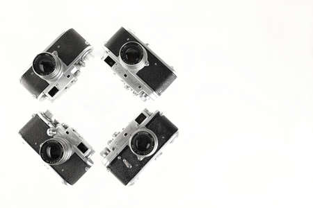 MOSCOW, RUSSIA, MAY 31, 2021. Evolution rare old Soviet rangefinder camera Zorki, Zorki-3, Zorki-3M, Zorki-3C, Zorki-4 produced from 1951 to 1956 on white background.のeditorial素材