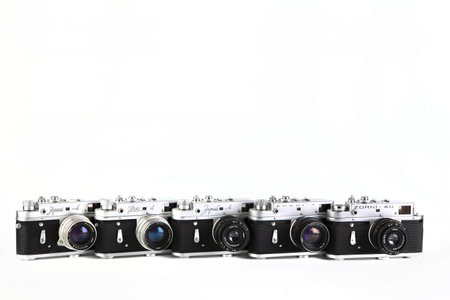 MOSCOW, RUSSIA, AUGUST 28, 2021. Evolution rare old Soviet rangefinder camera Zorki 4, produced from...