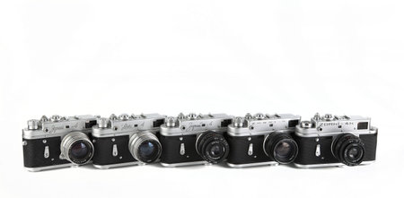 MOSCOW, RUSSIA, AUGUST 28, 2021. Evolution rare old Soviet rangefinder camera Zorki 4, produced from...