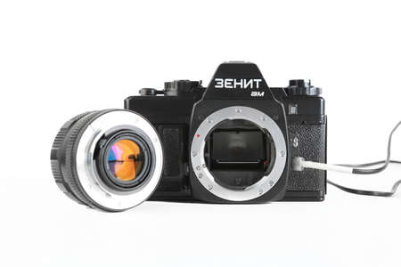 MOSCOW, RUSSIA, NOVEMBER 30, 2021. Very rare old Soviet 35 mm SLR camera Zenit-AM, released 1993 on white background.のeditorial素材