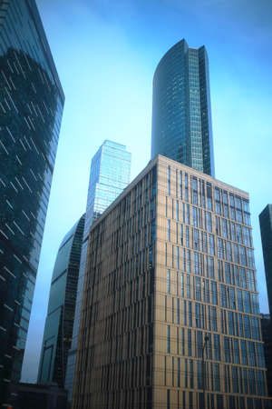 Looking at skyscrapers in the evening. Skyscrapers at dusk.の写真素材