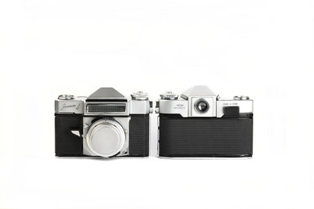 MOSCOW, RUSSIA, FEBRUARY 11, 2022. Two Very rare old Soviet 35 mm SLR cameras Zenit-4, released 1965...