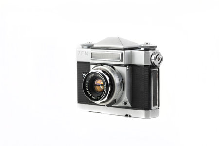 MOSCOW, RUSSIA, JULY 28, 2023. Very rare old Soviet 35 mm SLR camera Zenit-5, released 1965 on white background.のeditorial素材