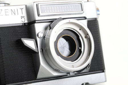 MOSCOW, RUSSIA, JULY 28, 2023. Very rare old Soviet 35 mm SLR camera Zenit-5, released 1965 on white background.のeditorial素材