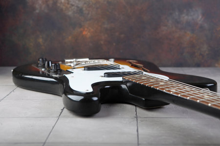 MOSCOW, RUSSIA, JULY 31, 2023. Vintage electric guitar Joana Iris released in 1988 on plastered background.のeditorial素材