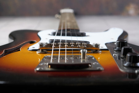 MOSCOW, RUSSIA, JULY 31, 2023. Vintage electric guitar Joana Iris released in 1988 on plastered background.のeditorial素材