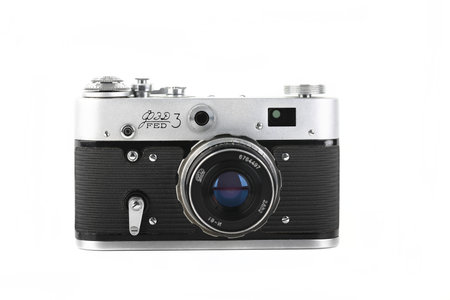 Vintage Soviet 35 mm film rangefinder camera FED-3, released 1967 on white background.のeditorial素材