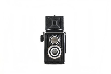 Vintage medium format film TLR camera, on white background. Film TLR camera.の写真素材