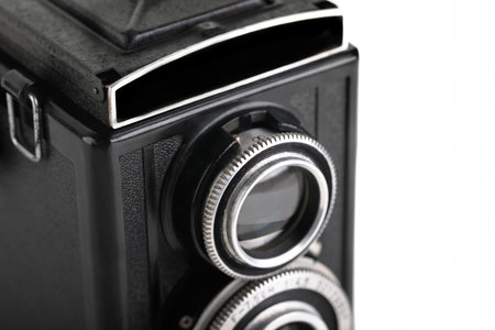 Vintage medium format film TLR camera, on white background. Film TLR camera.の写真素材