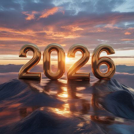 The year 2026 is depicted as golden balloons floating on the water with a vibrant sunset in the background.の素材