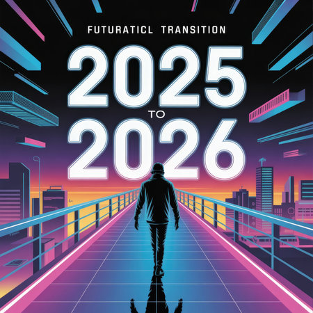 The year 2026 is represented by shimmering, faceted crystal digits against a dark background with glowing blue and orange digital light trails.の素材