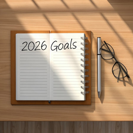A notebook open to a page titled '2026 Goals' sits on a wooden desk next to a pen and glasses, bathed in sunlight.の素材