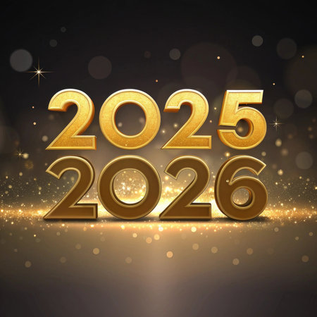 Golden numbers 2025 and 2026 are illuminated against a dark, sparkling background with bokeh effects.の素材