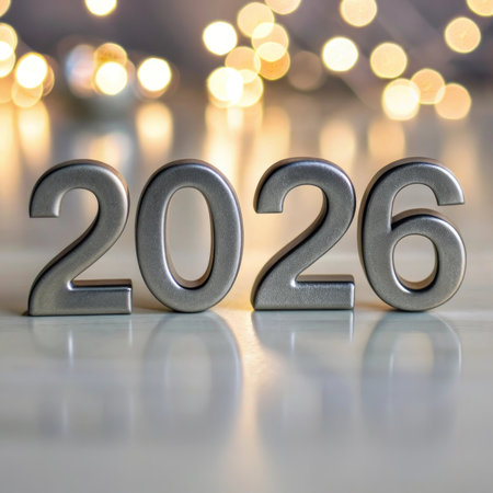 Three dimensional metallic numbers spelling out 2026 are positioned on a reflective surface with a bokeh light effect in the background.の素材