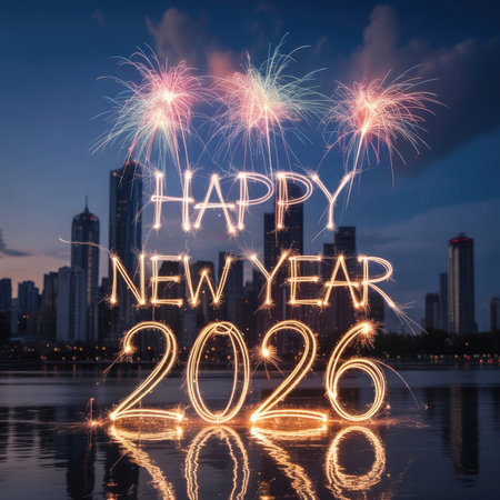 A vibrant cityscape under a night sky illuminated by fireworks and the glowing text Happy New Year 2026.の素材