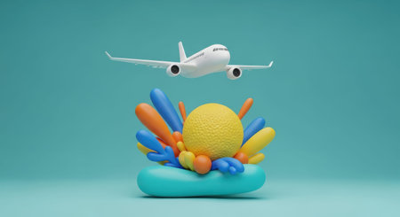 3d illustration of Airplane in the shape of an island with multi-colored spheresの素材