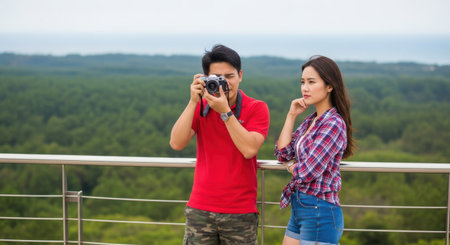Young asian couple taking a photo with a camera on the mountainの素材