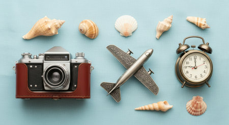 Travel concept with vintage camera, airplane and seashells on blue backgroundの素材