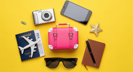 Flat lay composition with travel accessories on yellow background, space for textの素材